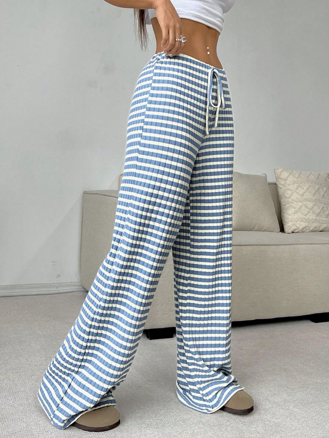 Tied Striped Wide Leg Pants (pink/grey/black/blue/taupe)-SMALL-2XL