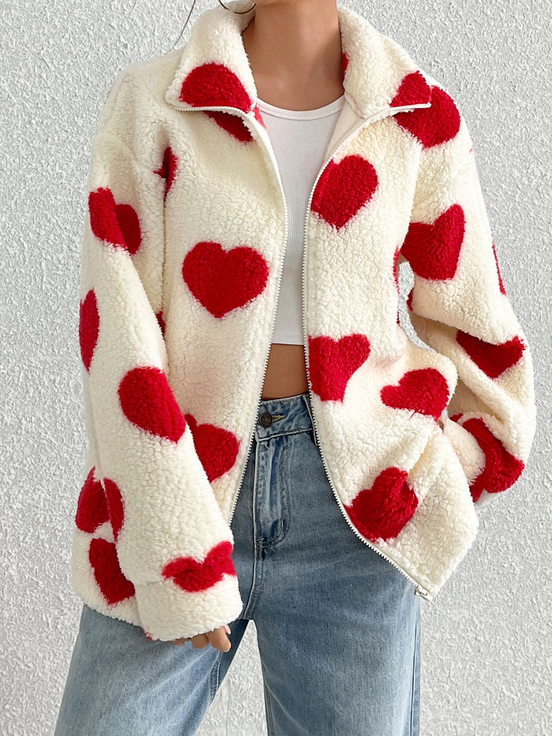 Heart Zip Up Drop Shoulder Furry Jacket (red/brown/black)-SMALL-2XL