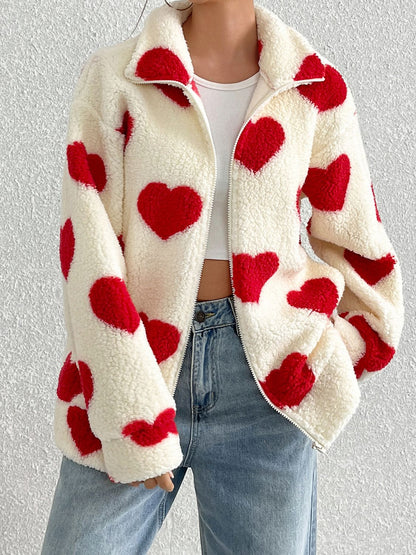 Heart Zip Up Drop Shoulder Furry Jacket (red/brown/black)-SMALL-2XL