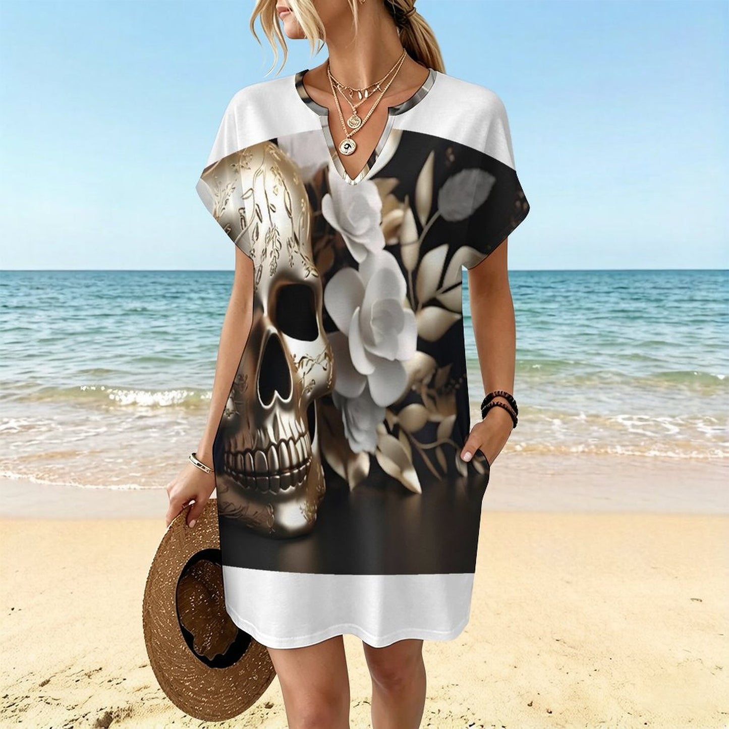 200gsm Women's Casual V Neck Dress(All-Over Printing)