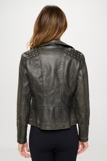 Studded Classic Moto Brown Vegan Leather Jacket-SMALL-XL