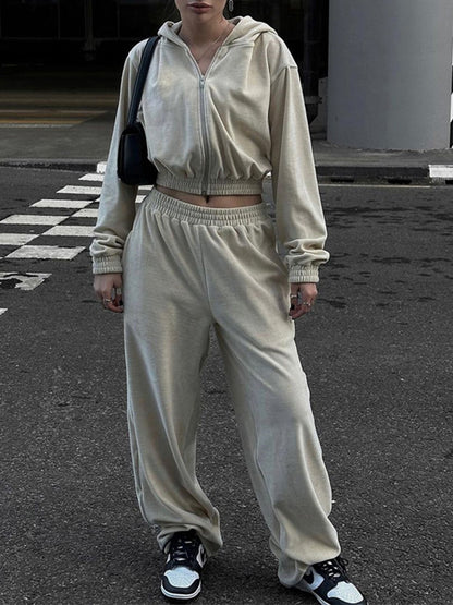Zip Up Hoodie and Pocketed Pants Set (grey/pink/apricot/black/blue)-SMALL-XL
