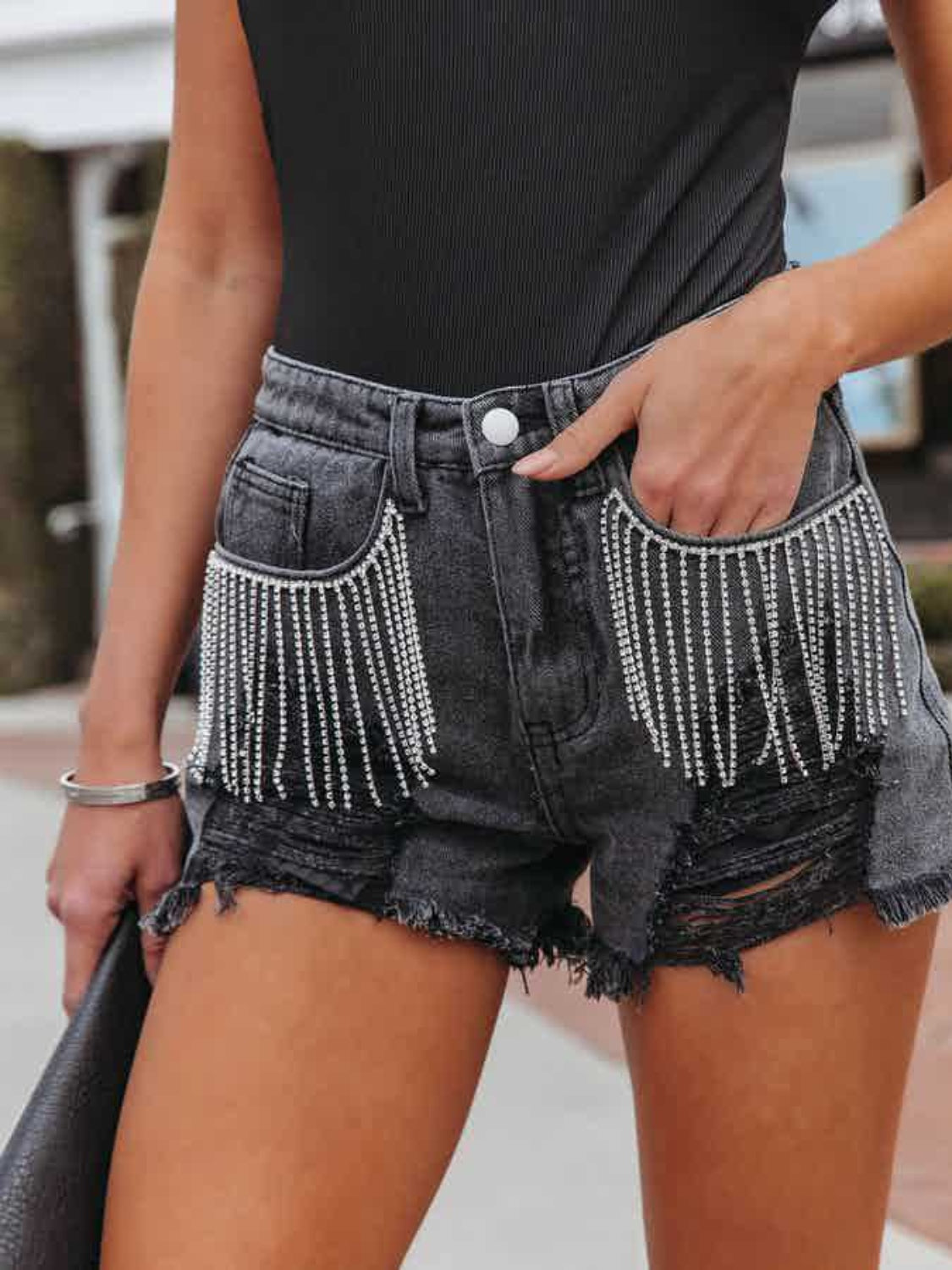 Distressed Fringe Denim Shorts with Pockets-SMALL-2XL