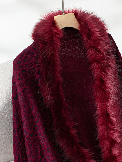 Fringe Leopard Open Front Long Sleeve Poncho (beige/chocolate/indigo/burgundy/brown/black)