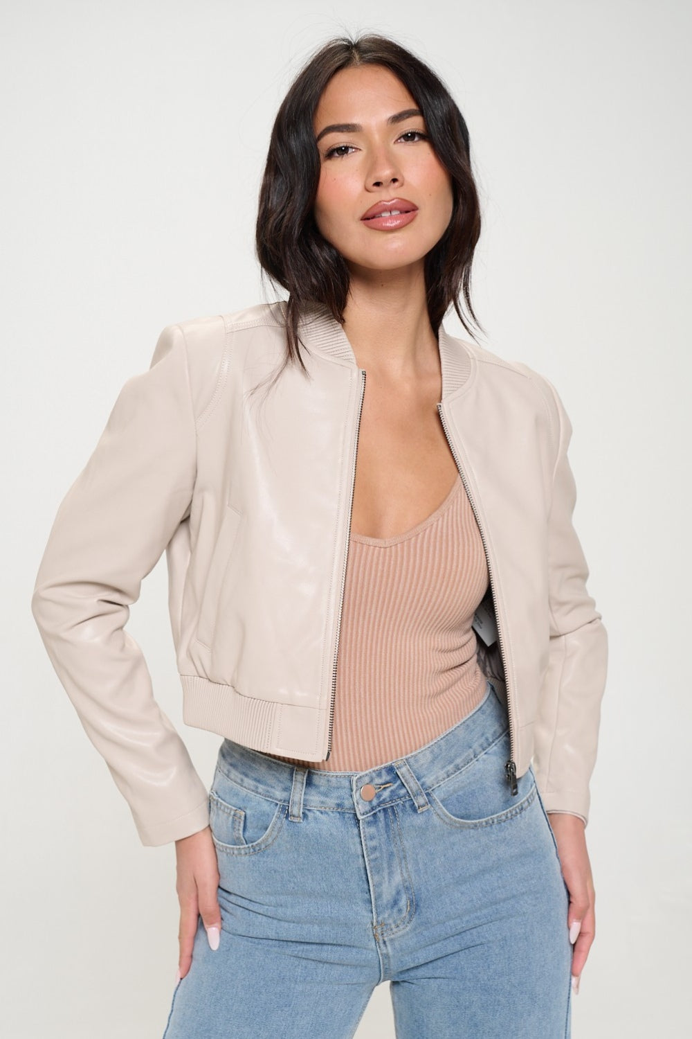 Coalition LA Zip Up Cropped Bomber Vegan Leather Jacket-S-XL