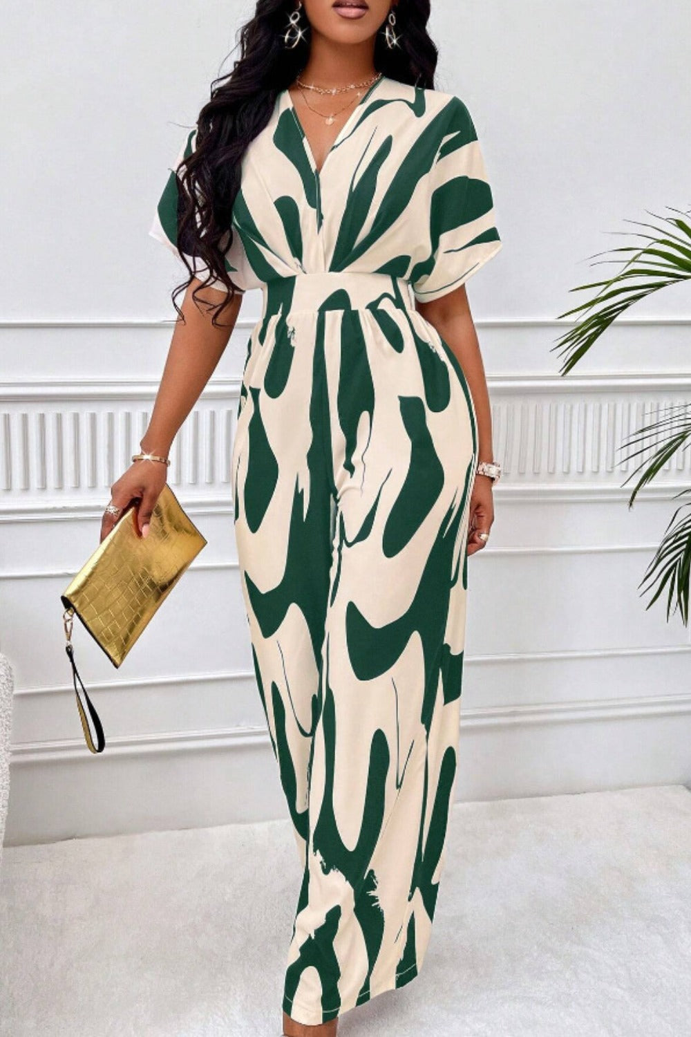 Printed V-Neck Short Sleeve Wide Leg Jumpsuit (black/orange/brown/green)-SMALL-2XL