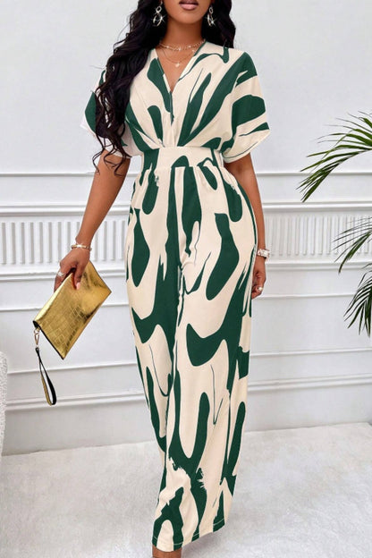Printed V-Neck Short Sleeve Wide Leg Jumpsuit (black/orange/brown/green)-SMALL-2XL