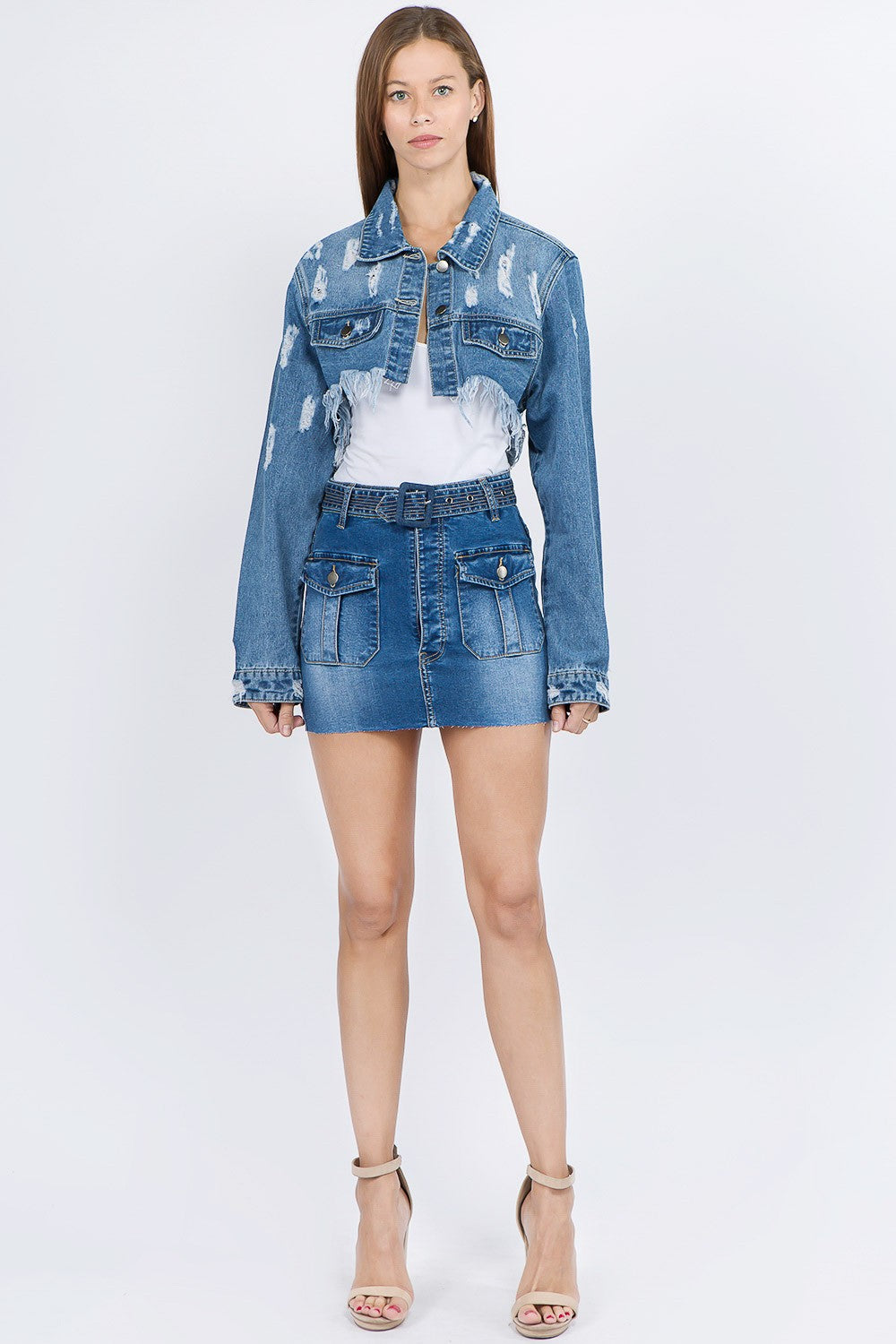 American Bazi Distressed Denim Jacket with Frayed Hem (S/M/L)