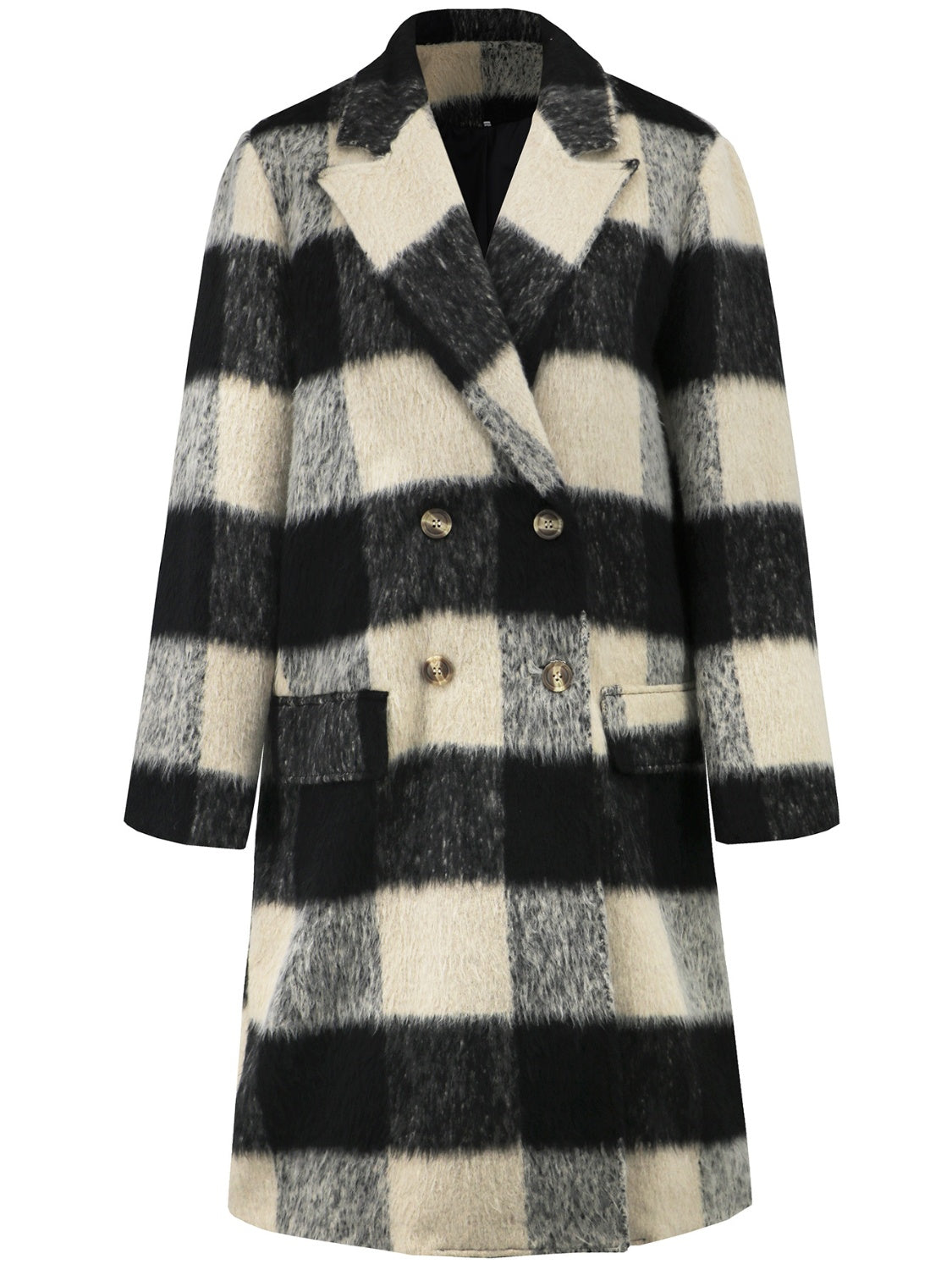 Plaid Double-Breasted Long Sleeve Coat (black/hot pink)-SMALL-XL