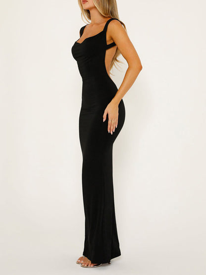 Backless Wide Strap Maxi Dress-SMALL-XL (IVORY/BLACK/LIME)
