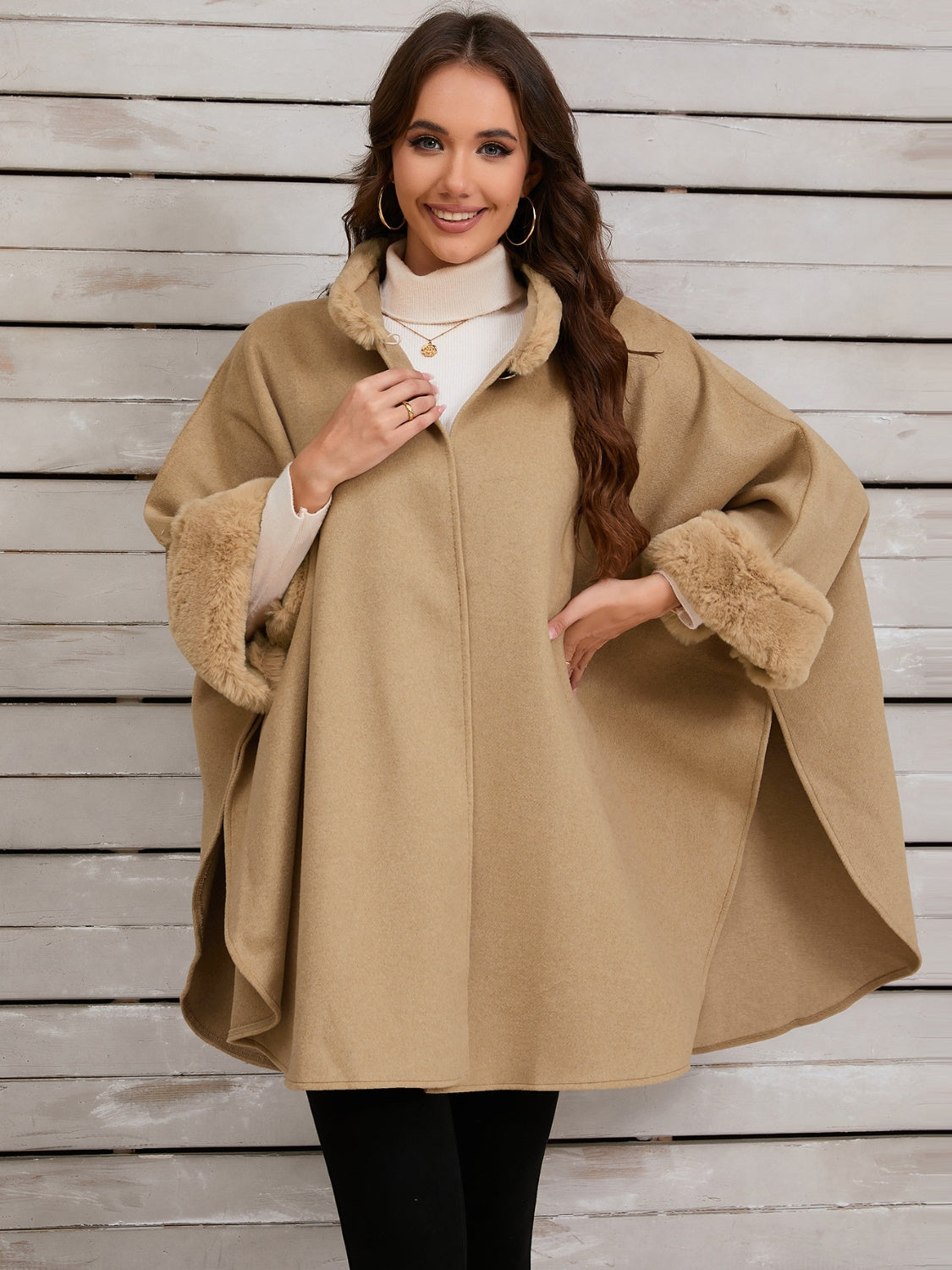 Fuzzy Trim Long Sleeve Poncho (tan/grey/black)