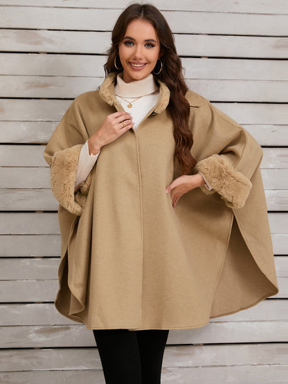Fuzzy Trim Long Sleeve Poncho (tan/grey/black)