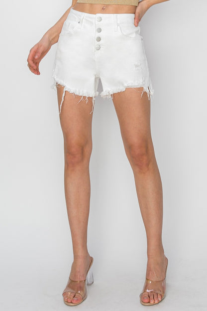 RISEN Button Fly Frayed Hem Denim Shorts-SMALL-XL