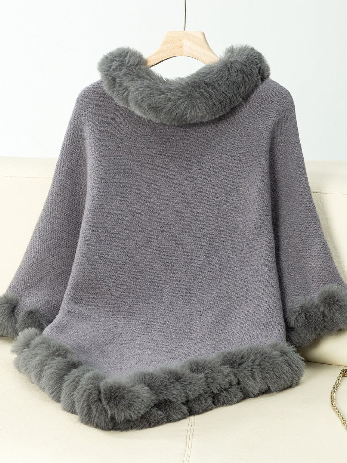 Fuzzy Trim Texture Three-Quarter Sleeve Poncho (beige/camel/grey/brown/black/burgundy)