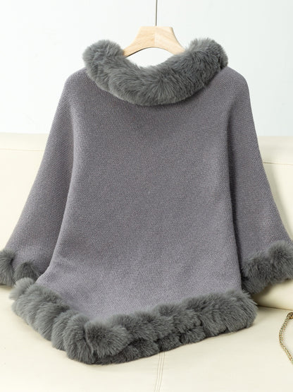 Fuzzy Trim Texture Three-Quarter Sleeve Poncho (beige/camel/grey/brown/black/burgundy)