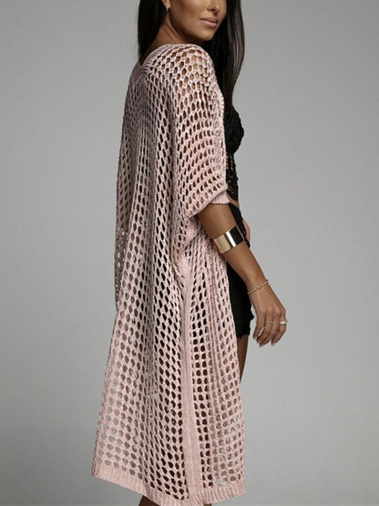 Openwork Open Front Three-Quarter Sleeve Cover Up(cream/white/apricot/black/lt. blue)-SMALL-XL