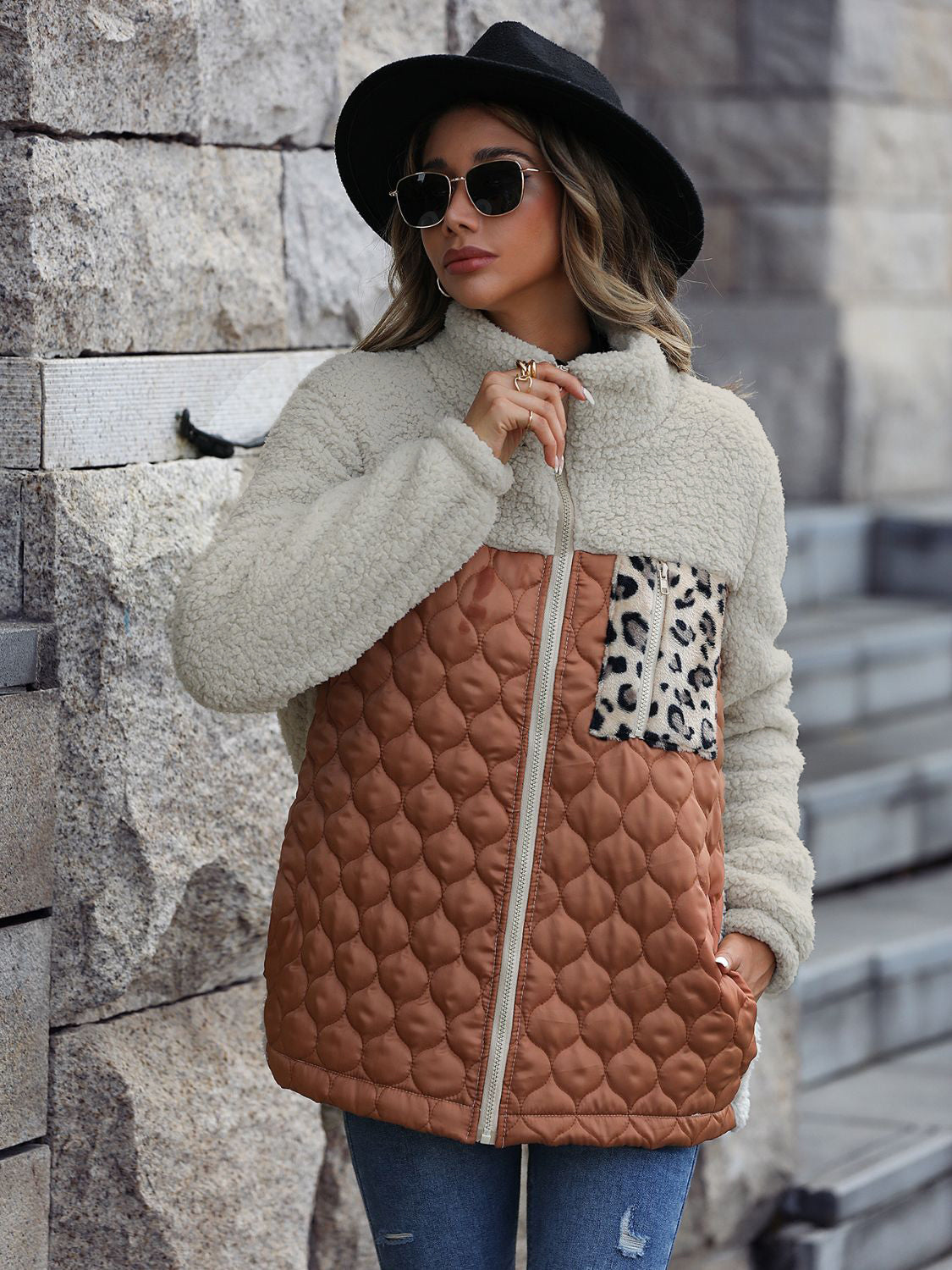 Leopard Color Block Zip-Up Jacket (caramel/green/burgundy/black/gray/orange-red-SMALL-XL