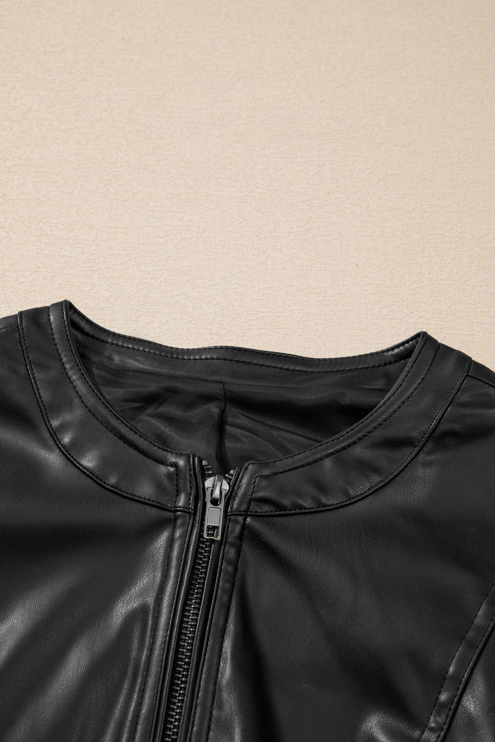PU Leather Round Neck Long Sleeve Jacket (green/taupe/black)-SMALL-XL