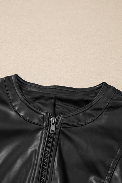 PU Leather Round Neck Long Sleeve Jacket (green/taupe/black)-SMALL-XL