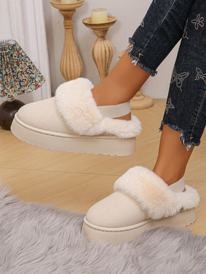 Faux Fur Round Toe Platform Slippers (beige/black/caramel)