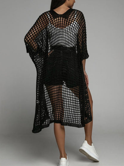 Openwork Open Front Three-Quarter Sleeve Cover Up(cream/white/apricot/black/lt. blue)-SMALL-XL