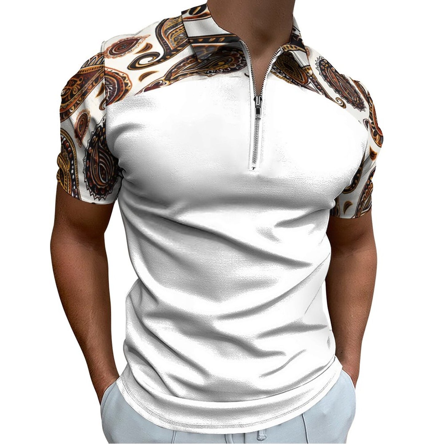 ORANGE PAISLEY Men's Short Sleeve POLO Shirt with Zipper-*2XS-6XL