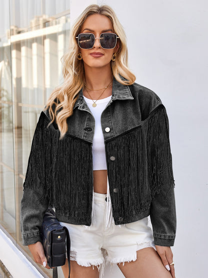 Tassel Button Up Dropped Shoulder Denim Jacket-SMALL-XL (blue or black)