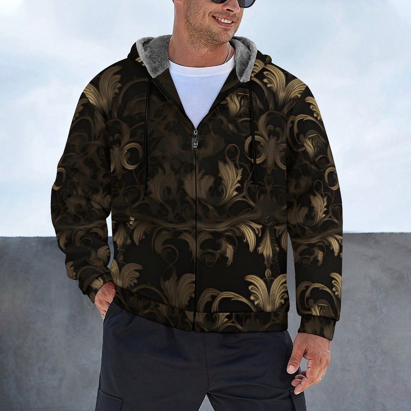 BLACK & GOLD ACCENT Zipper Plush Fur Jacket-SMALL-5XL