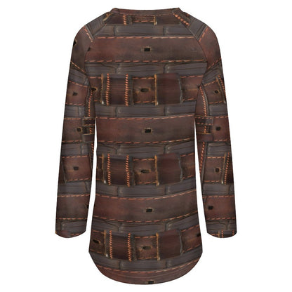 RUGGED LEATHER BUCKLE Print Women's Long Sleeve U-Neck T-Shirt-SMALL-5XL