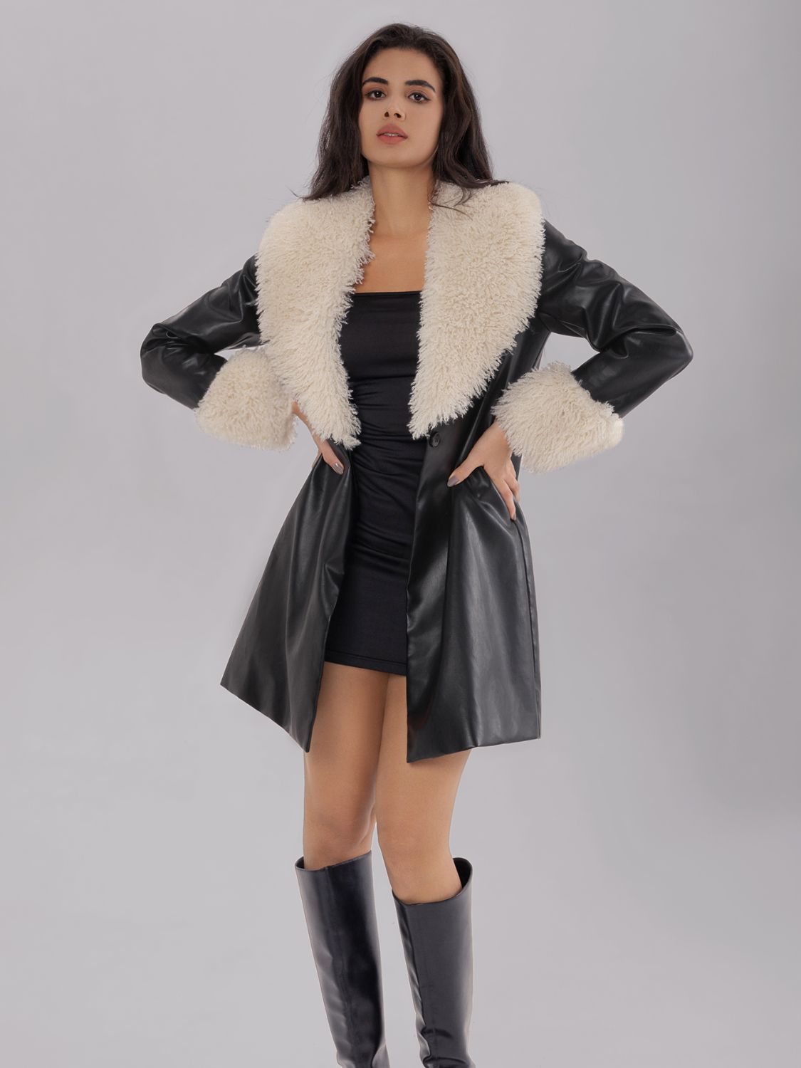 Fuzzy Long Sleeve Longline PU Leather Coat-SMALL-XL