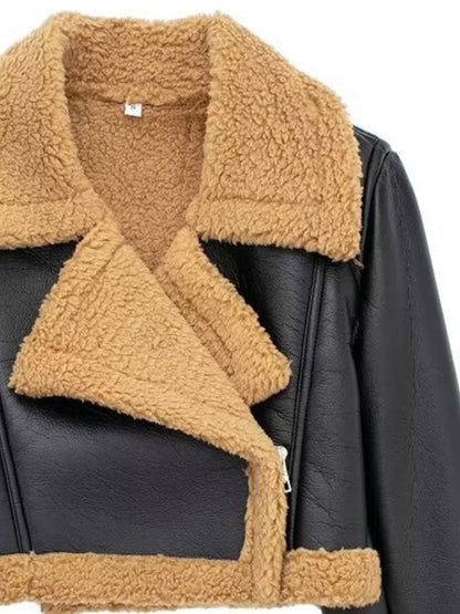 Collared Neck Long Sleeve Plush Cropped Leather Jacket (chocolate & white/black & white/mustard & white/black & reddish brown/brown & reddish brown/coffee brown/burgundy)-SMALL-LARGE