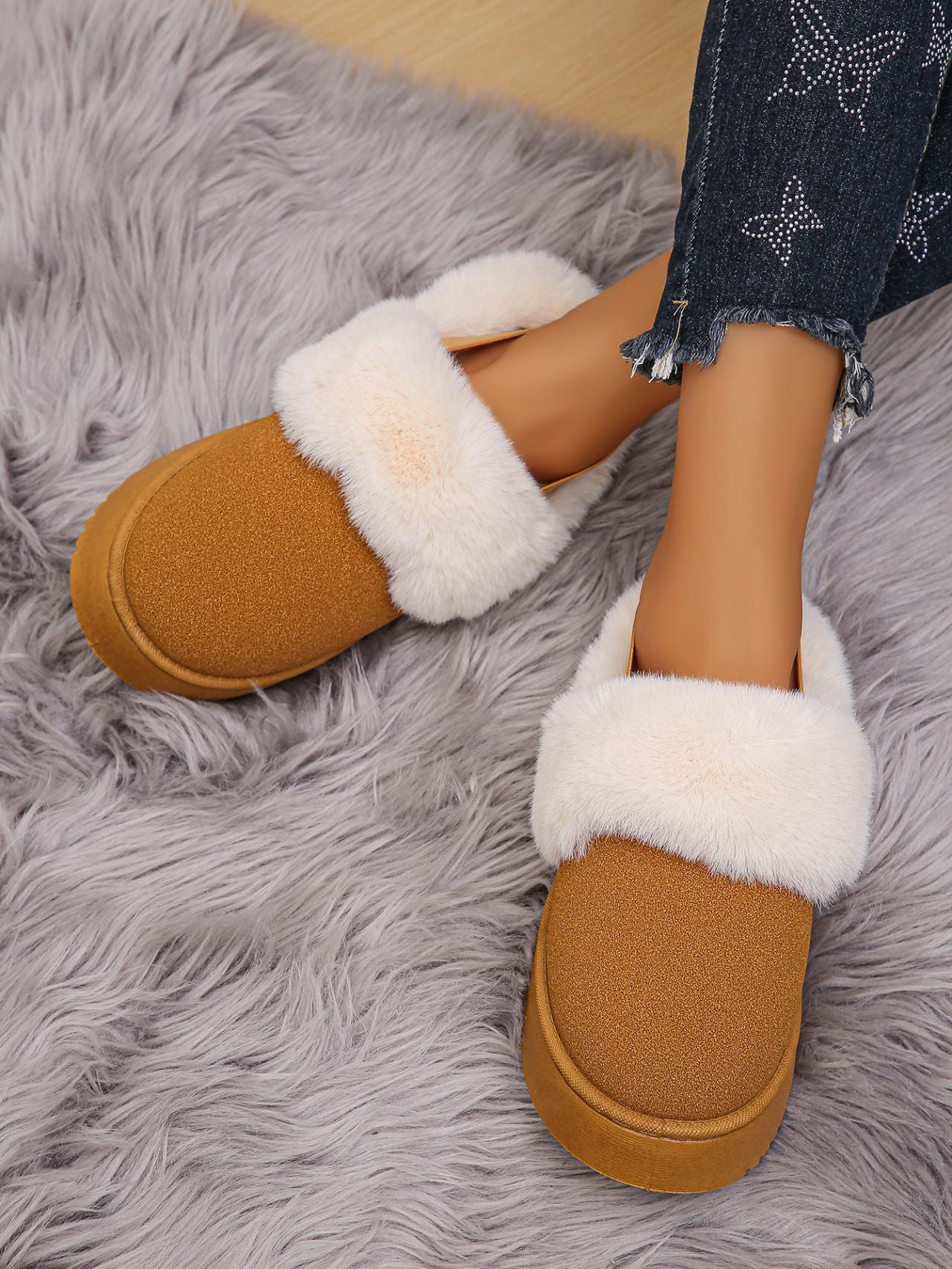 Faux Fur Round Toe Platform Slippers (beige/black/caramel)