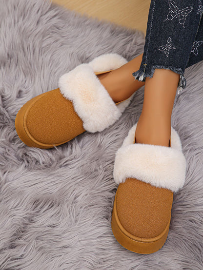 Faux Fur Round Toe Platform Slippers (beige/black/caramel)