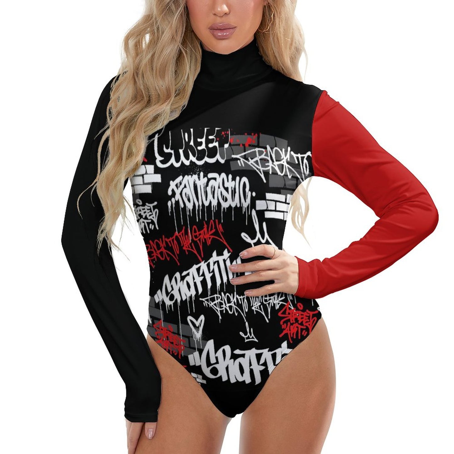 B/R/W GRAFFITI High-collar Long-sleeve Bodysuit