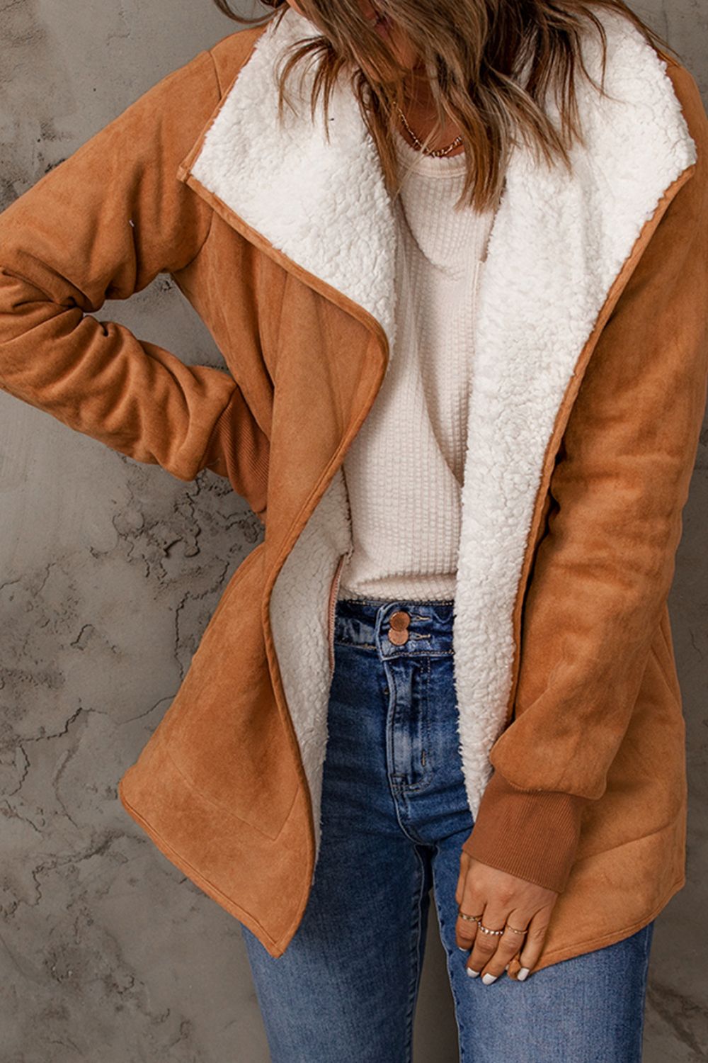 Open Front Long Sleeve Sherpa Jacket (caramel/blush pink/grey/black)-SMALL-XL