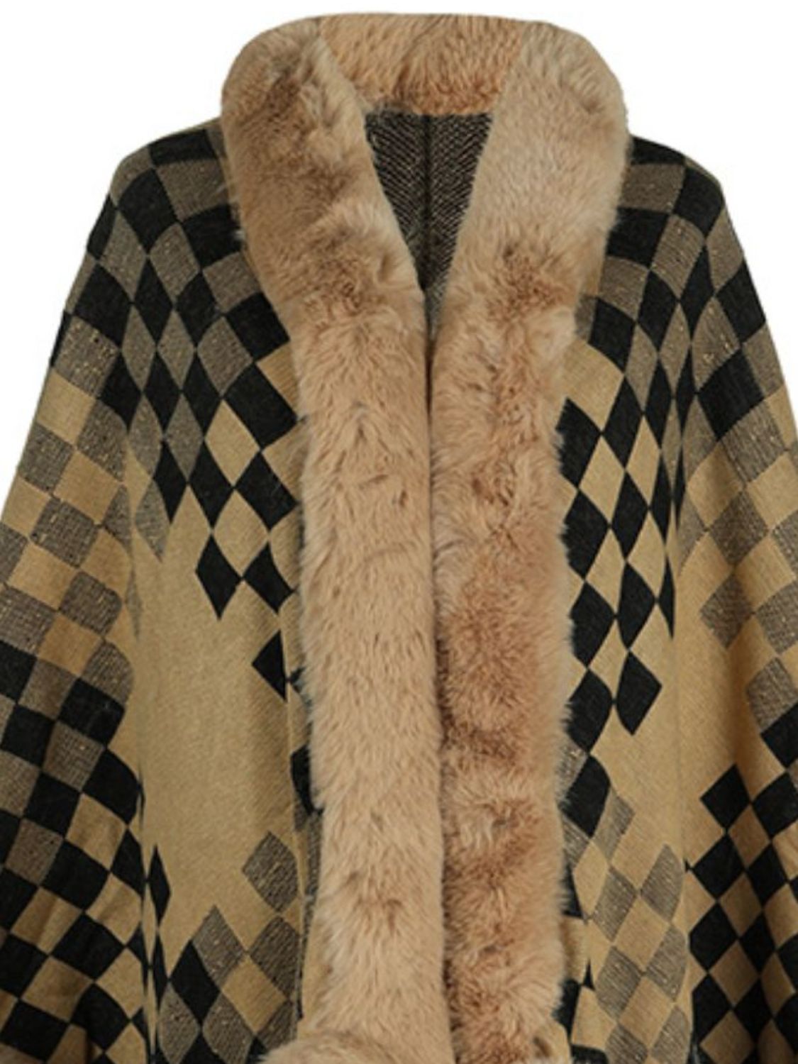 Fuzzy Checkered Long Sleeve Poncho (beige/tan/pink/navy/black)