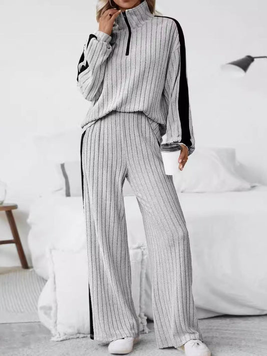 Plus Size Half Zip Long Sleeve Top and Pants Set-XL-5XL