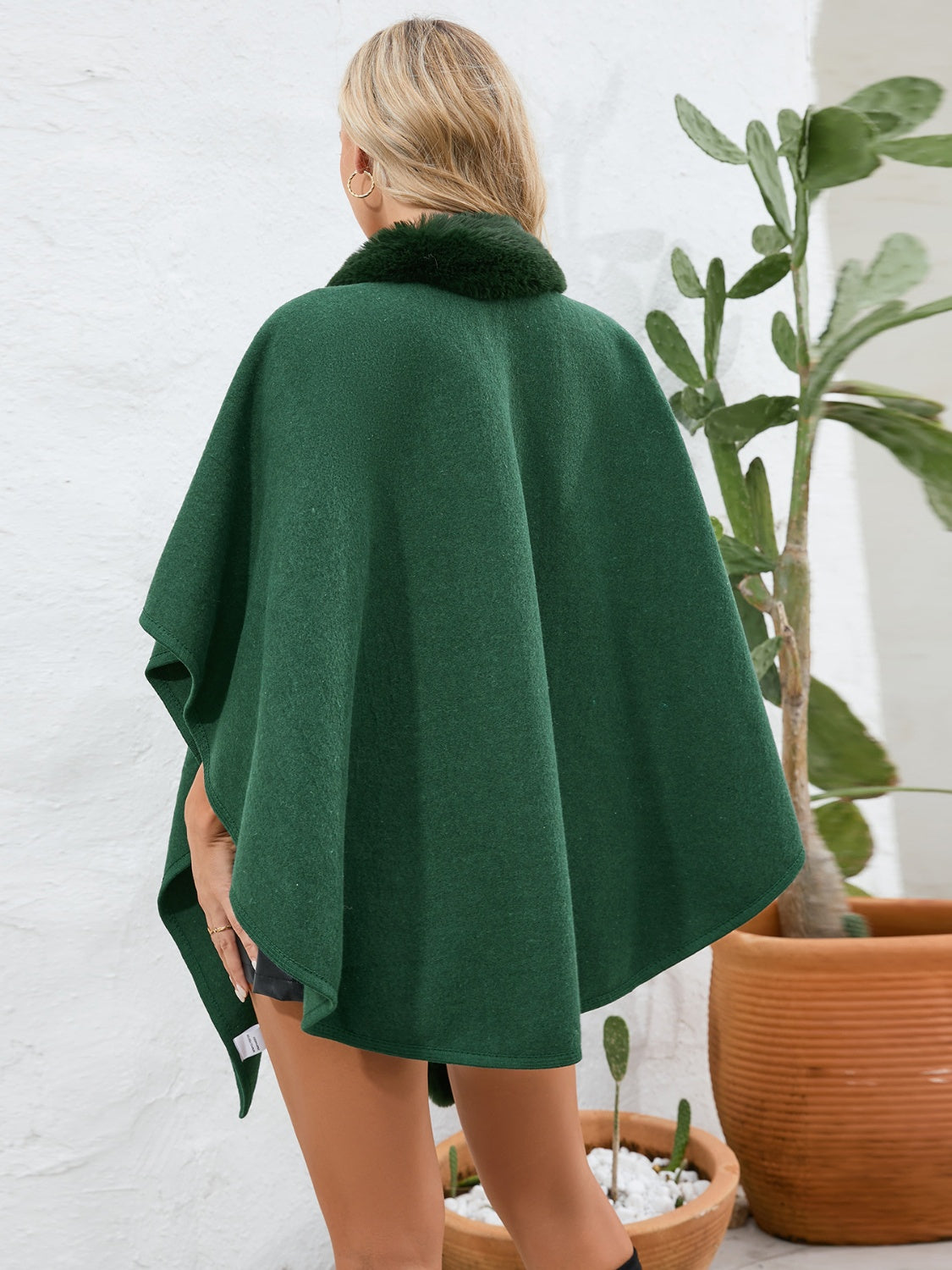 Fuzzy Trim Open Front Poncho (grey/black/green/cream/mocha/camel)