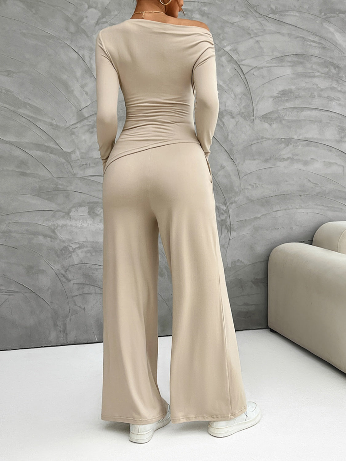Long Sleeve Top and Wide Leg Pants Set (cream/black/burgundy/gray)-SMALL-XL