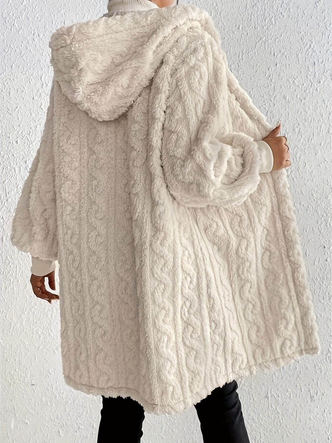 Open Front Long Sleeve Fuzzy Hooded Fur Coat-SMALL-XL