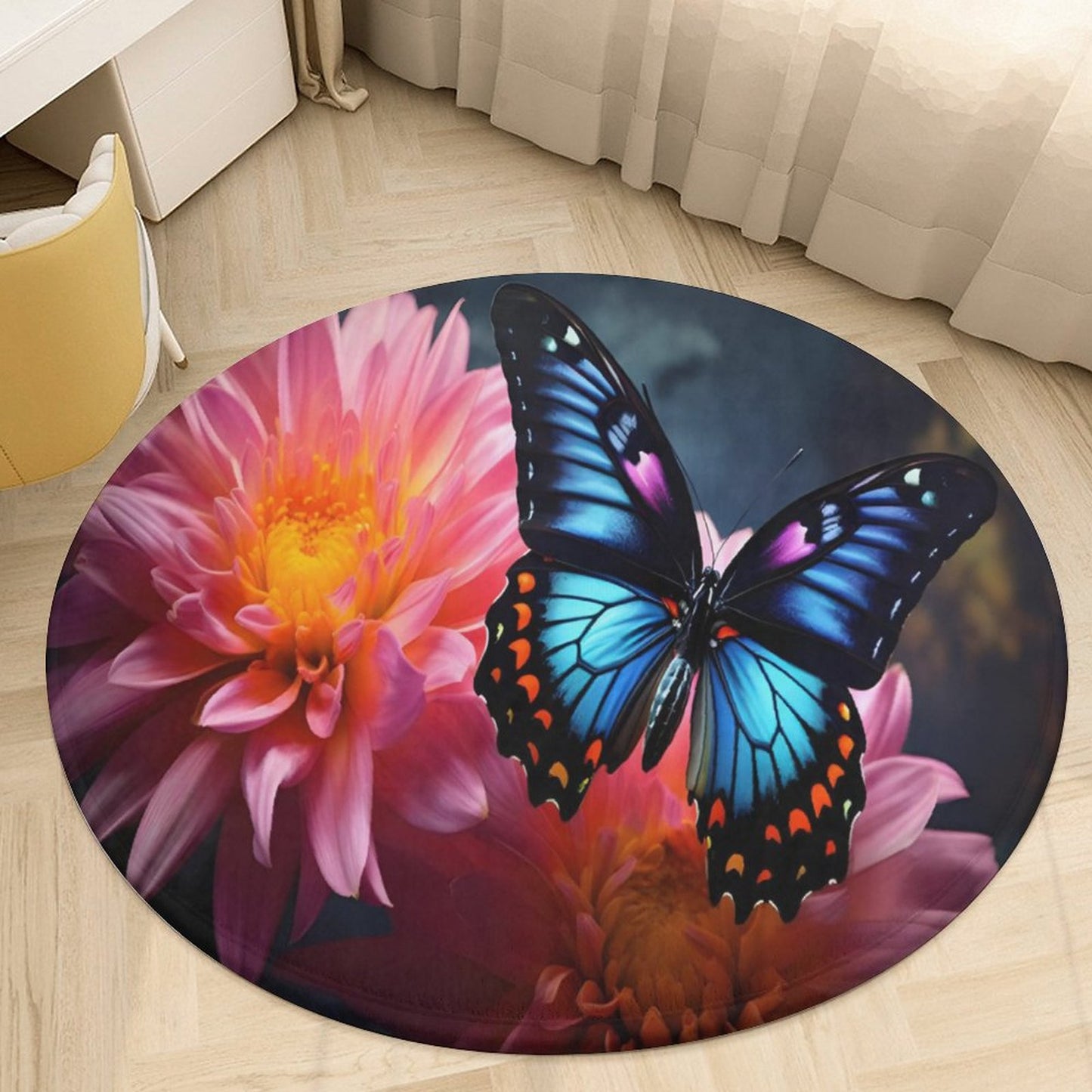 BLUE BUTTERFLY Round Coral Velvet Warm Floor Mat