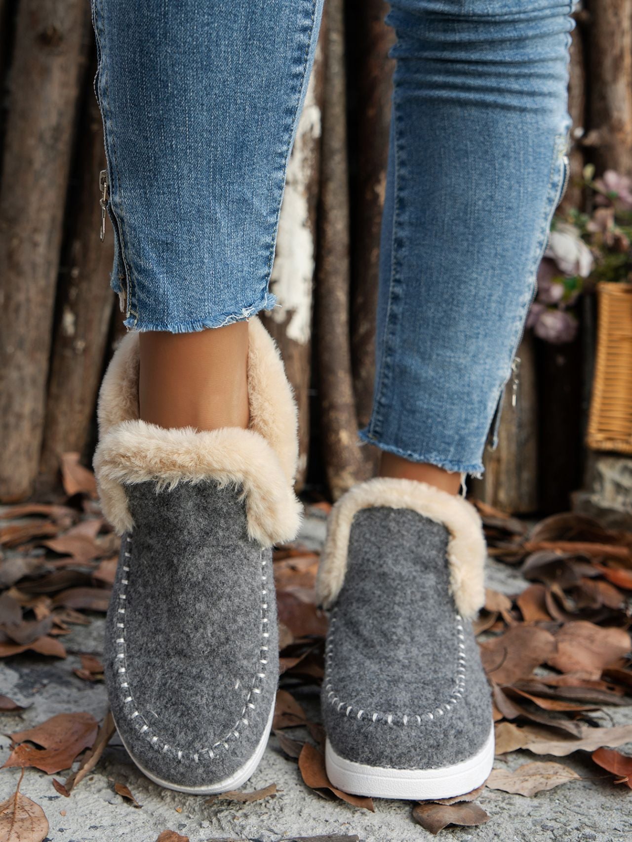Furry Suede Round Toe Flat slip on boots (navy/chocolate/black/gray/beige)