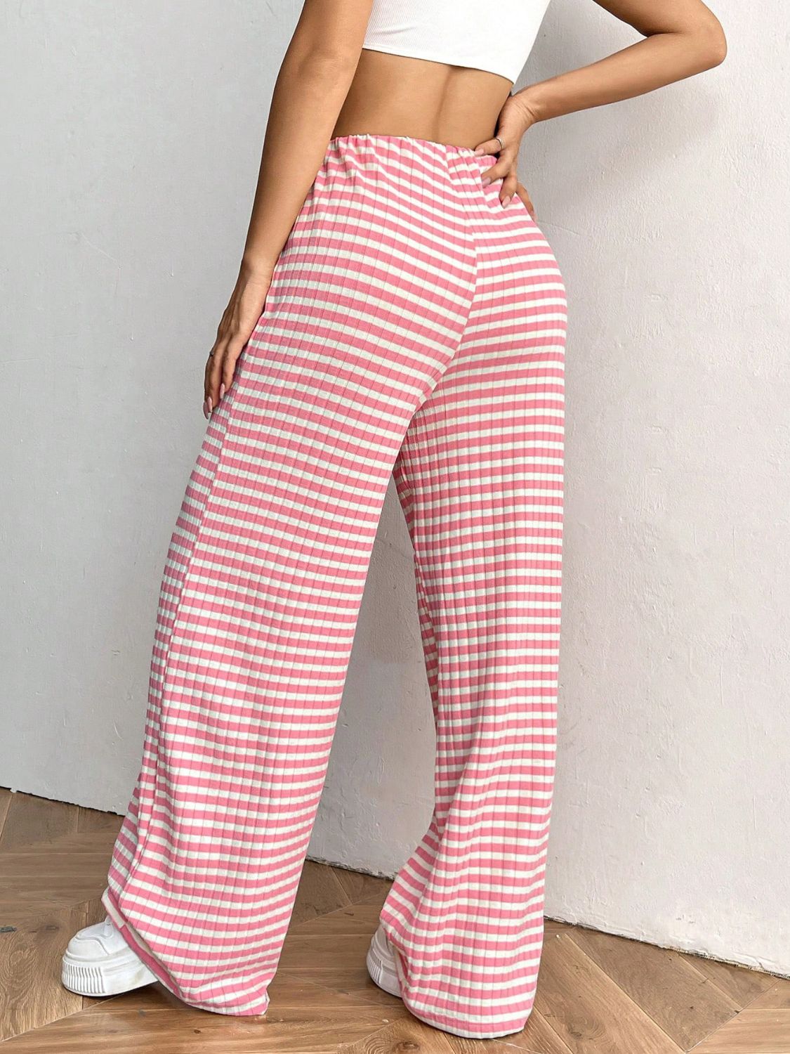 Tied Striped Wide Leg Pants (pink/grey/black/blue/taupe)-SMALL-2XL