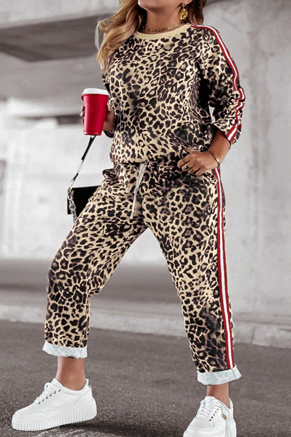 Plus Size Leopard Round Neck Top and Pants Set (camel/pastel yellow/white)-1XL-5XL