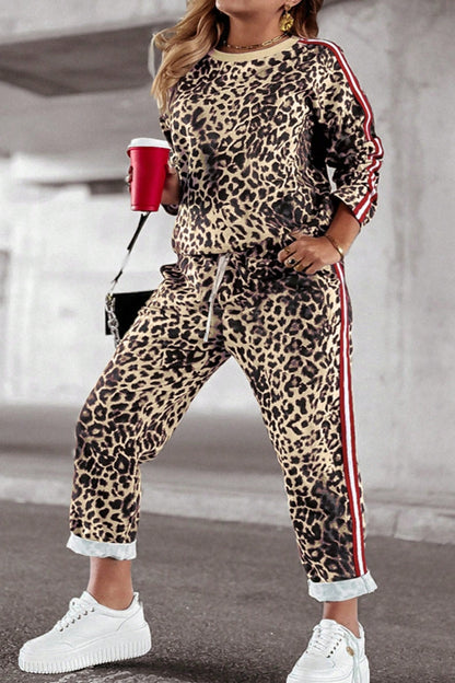 Plus Size Leopard Round Neck Top and Pants Set (camel/pastel yellow/white)-1XL-5XL