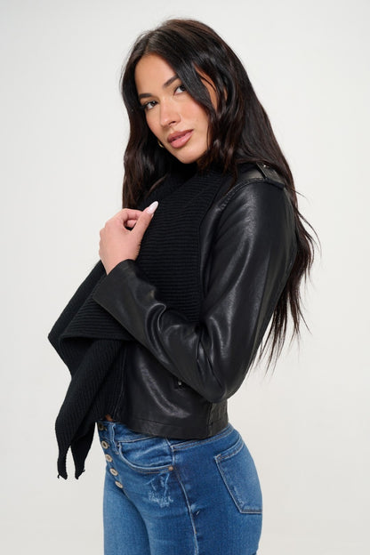 Knit Collared Vegan Leather Crop Jacket-SMALL-XL