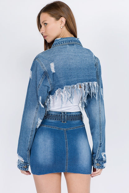 American Bazi Distressed Denim Jacket with Frayed Hem (S/M/L)