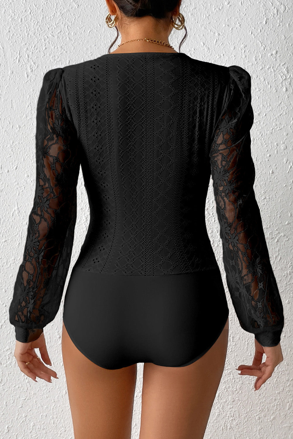 Eyelet Lace Long Sleeve Bodysuit (white/black)-SMALL-XL