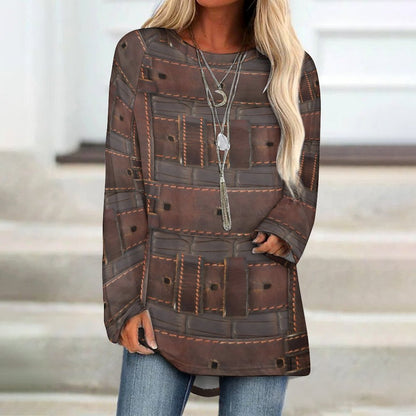 RUGGED LEATHER BUCKLE Print Women's Long Sleeve U-Neck T-Shirt-SMALL-5XL