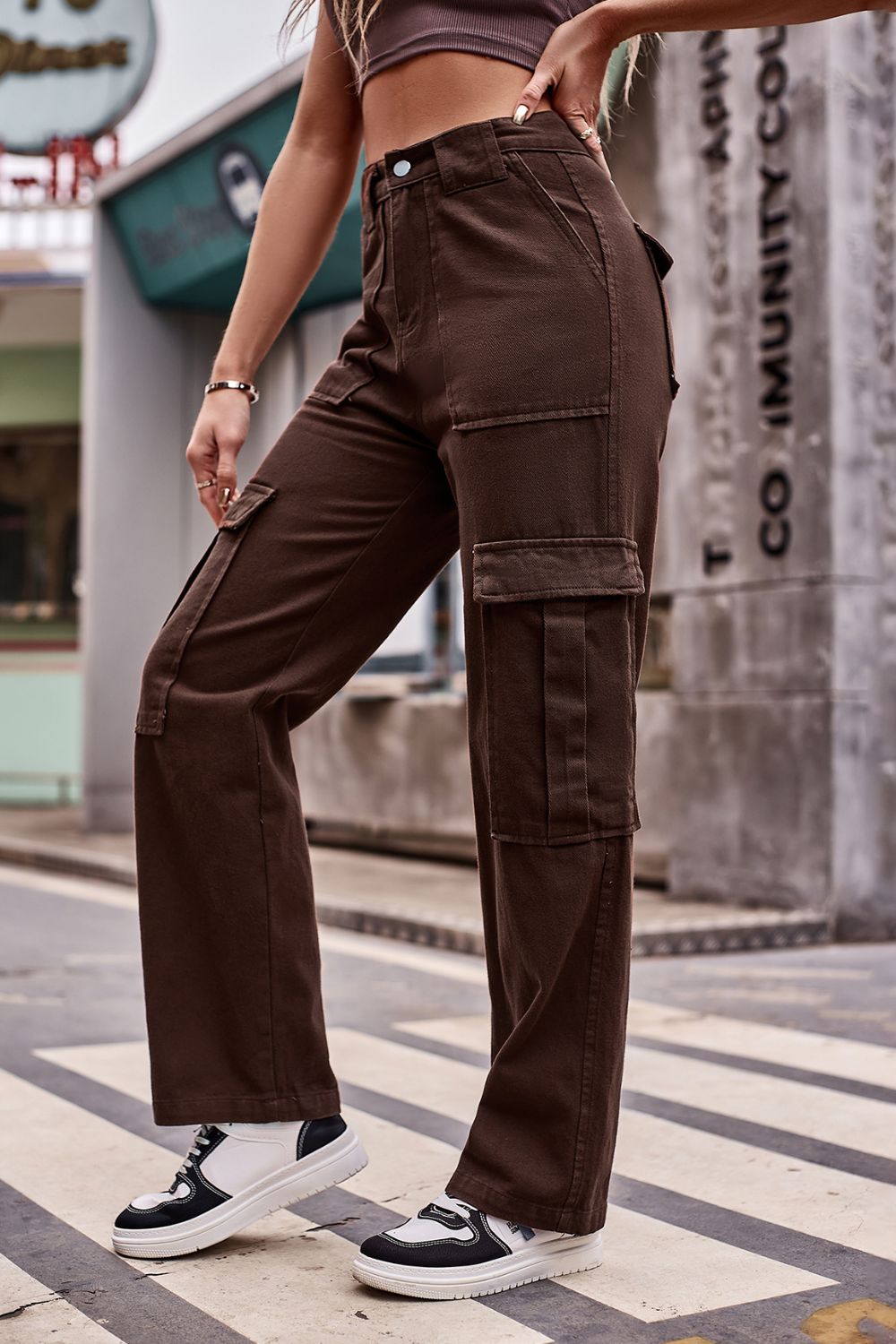 Buttoned High Waist Loose Fit CARGO Jeans-SMALL-2XL (BROWN/BLACK/BLUE)